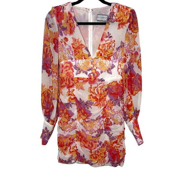 Runaway The Label Acadia Dress Size Small Floral Ruches Mini Dress Sheer Sleeves - Picture 13 of 15